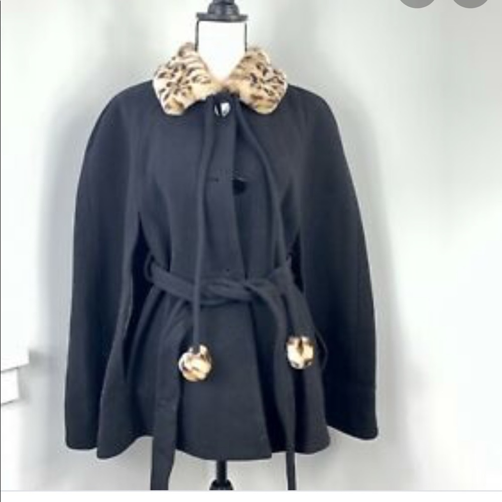 Kate Spade Collar Belted Cape w/Leopard fur trim